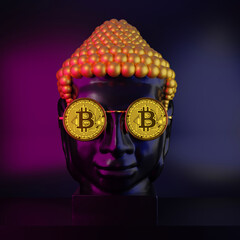 Statue Buddha hads in bittcoin glasses. 3d illustration.