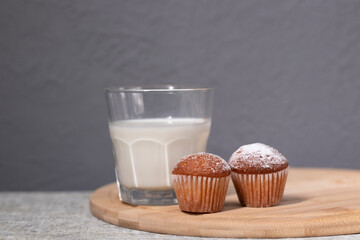 two little cupcakes or muffins in powdered sugar near a glass of milk. healthy breakfast. snack or lunch