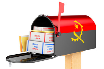 Mailbox with Angolan flag with parcels, envelopes inside. Shipping in Angola, concept. 3D rendering