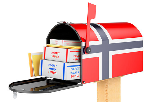 Mailbox With Norwegian Flag With Parcels, Envelopes Inside. Shipping In Norway, Concept. 3D Rendering