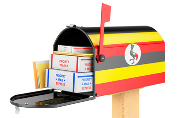 Mailbox with Ugandan flag with parcels, envelopes inside. Shipping in Ugandan, concept. 3D rendering