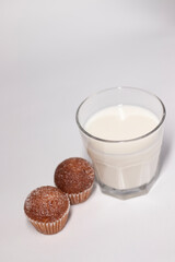 two little cupcakes or muffins in powdered sugar near a glass of milk. healthy breakfast. snack or lunch