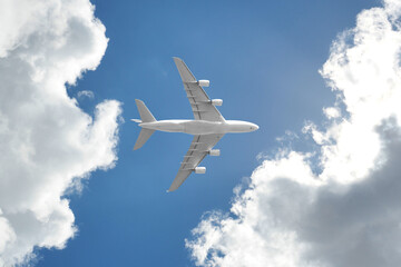 Fototapeta na wymiar Passenger airplane taking off passing overhead in deep blue cloudy sky as shot from the ground