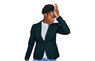 Young african american girl wearing business clothes surprised with hand on head for mistake, remember error. forgot, bad memory concept.