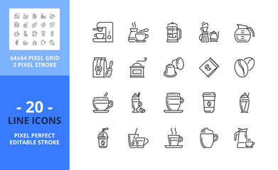 Line icons about coffee. Pixel perfect 64x64 and editable stroke