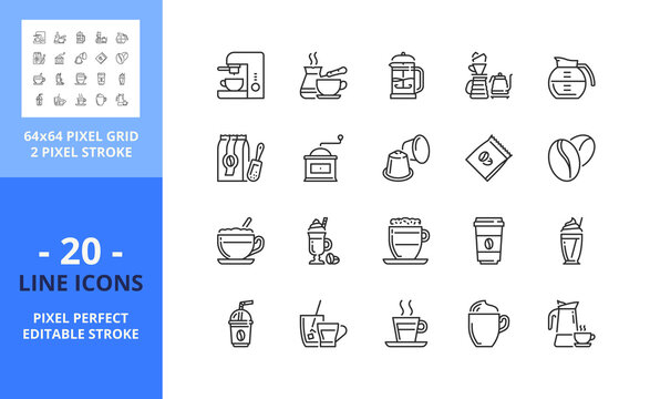 Line icons about coffee. Pixel perfect 64x64 and editable stroke