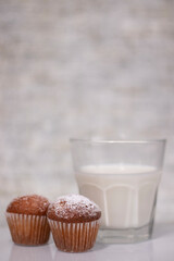 two little cupcakes or muffins in powdered sugar near a glass of milk. healthy breakfast. snack or lunch