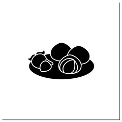 Ichigo daifuku glyph icon.Strawberries and small round mochi stuffed red-bean paste. Modern wagashi. Traditional dish.Spring Japanese food.Filled flat sign. Isolated silhouette vector illustration