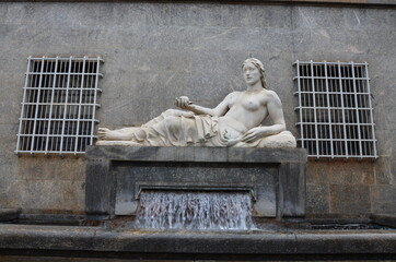 Po and Dora Fountains. Represented by a man and a woman lying on the foundations from which water flows, Turin