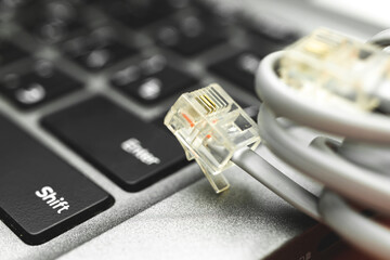 Network switch and ethernet cables background, data center concept