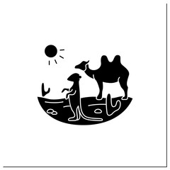 Desert glyph icon. Camel and suricat on desert landscape. Cactus, sun, summer. Wild nature, animals. Biodiversity concept.Filled flat sign. Isolated silhouette vector illustration