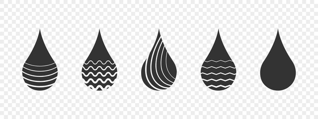 Water drop icons. Water drops icon set. Water or oil drop with different texture. Vector illustration
