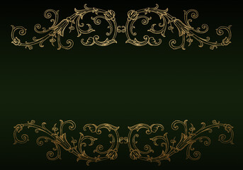 Dark anthracite and green background with luxery golden floral ornaments and golden swirls. Good for logo or invitation.