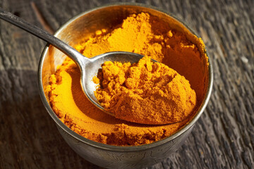 Turmeric powder on a metal spoon