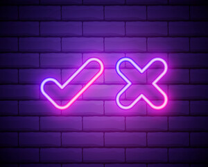 Neon check mark and cross on brick wall. Pink tick and decline symbol isolated on brick wall. Accept and reject. Right and wrong. Bright neon design for games, app, web page. Vector illustration.