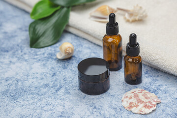 Brown glass bottles for cosmetics, essential oils and natural medicine