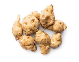 Raw jerusalem artichoke. Topinambur vegetable root.