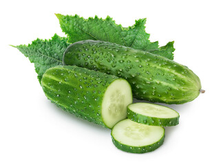 Sliced cucumber isolated on white background with clipping path and full depth of field,