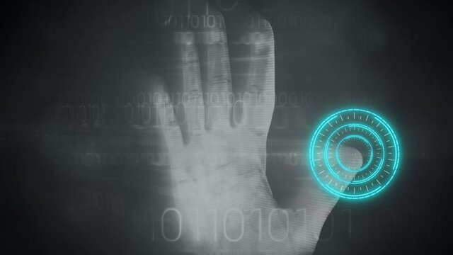 Human hand scanning against biometric scanner and glowing round scanner against binary coding