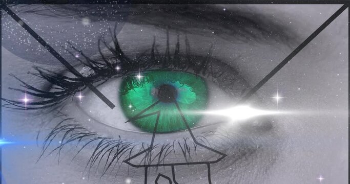 Shining stars and bright spot of light against over close up of female eye