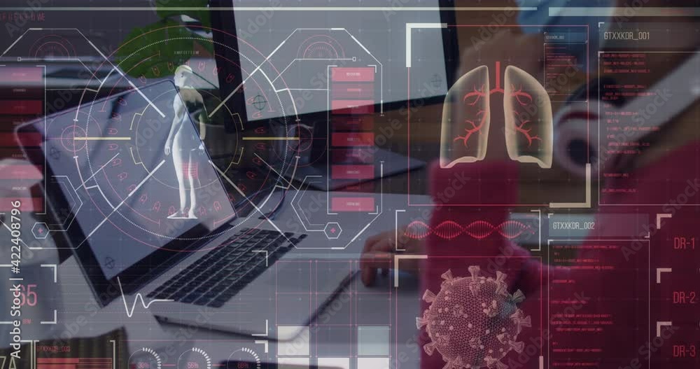 Poster digital interface with medical data processing against man wearing face mask using computer