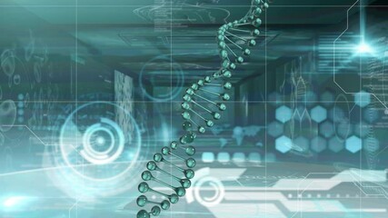 Dna structure spinning and round scanner against screens on medical data processing - Powered by Adobe