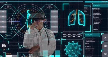 Digital interface with medical data processing against female doctor using vr headset - Powered by Adobe