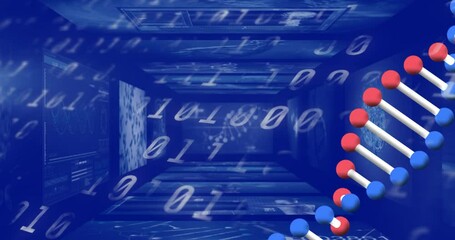 Dna structure spinning over screens on medical data processing against binary coding - Powered by Adobe