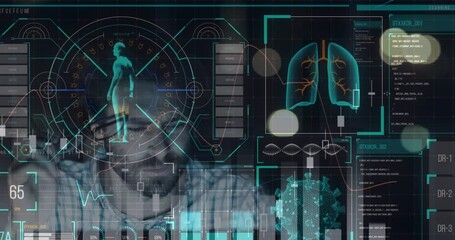 Digital interface with medical data processing against stressed man using computer - Powered by Adobe