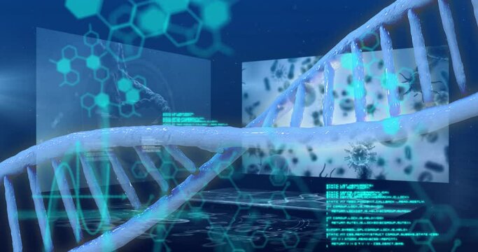 Dna structure spinning against screens on medical data processing on blue background