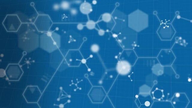 Digital animation of multiple molecular structures floating against blue background