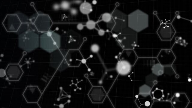 Digital animation of multiple molecular structures floating against black background