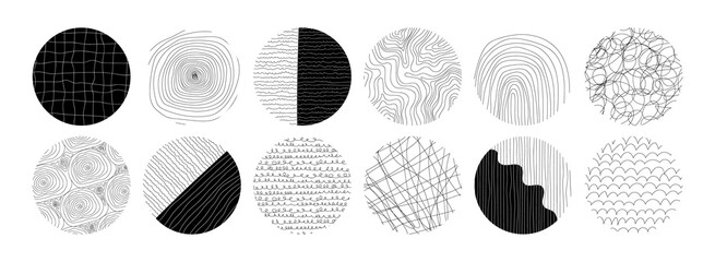 Set of round Abstract colorful Backgrounds or Patterns. Hand drawn doodle shapes. Spots, drops, curves, Lines. Vector stock illustration in a modern style. Stamp texture. Every pattern is isolated