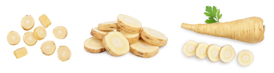 Parsnip root and slices with parsley isolated on white background closeup, Set or collection