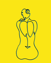One line drawing of naked woman  view from back.
One continuous line drawing of  beautiful topless young woman.
