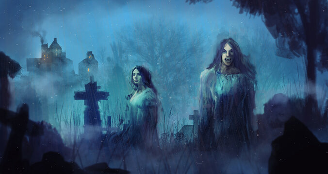 Digital painting of a pair of scary gothic vampires hanging out in a graveyard with a spooky castle in the background - fantasy illustration