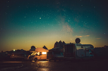 Fototapeta na wymiar Mountain RV Park Motorhome Camping Under Starry Sky