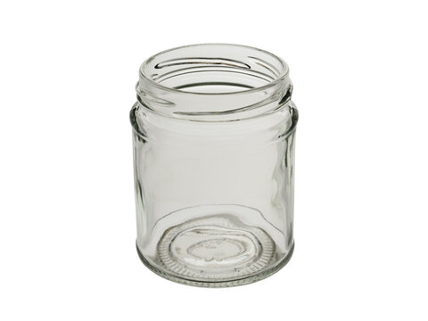 Empty glass jar, without a lid. Designed for food and food products, canned food and liquid beverages. Isolated on a white background, perspective view