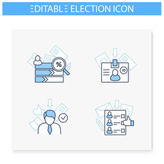 Election line icons set. Vote counting, voter id, winner, ballot. Choice, vote concept. Democracy. Parliamentary or presidential elections. Isolated vector illustrations. Editable stroke