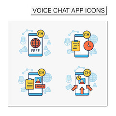 Drop in audio app color icons set.Communication application with friends.Application rules, raped popularity, waitlist, free app.Voice communication concept.Isolated vector illustrations