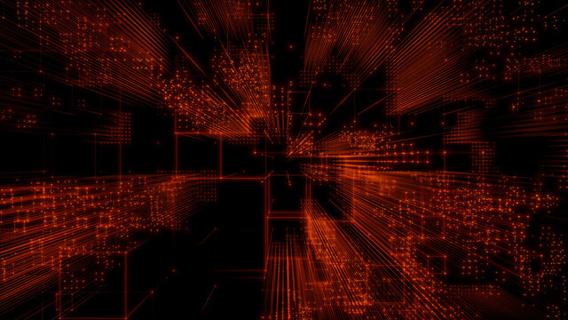 Futuristic, Orange Digital Grid background. Network Tech Wallpaper. 3D Render 