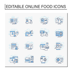 Online food line icons set. Consists of online menu, free shipping, dark store, food for pets, ghost kitchen. Isolated vector illustrations. Editable stroke