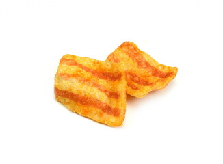 Bacon Chips. Delicious bacon snacks isolated on white background. Pelleted salted snack bacon. Smoked bacon flavored chips.