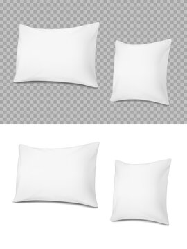 White realistic pillows, vector cushions 3d mockup of rectangular and square shape front view. Soft comfortable accessories for sleep and relaxation, design elements isolated on transparent background