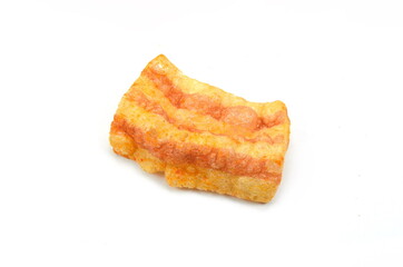 Bacon Chips. Delicious bacon snacks isolated on white background. Pelleted salted snack bacon. Smoked bacon flavored chips.