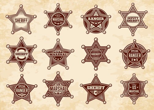 Sheriff, marshal and ranger stars, vector badges. Wild West Us police vintage insignias. Graphic design elements, american lawman signs on paper texture background, five or six pointed stars set