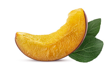 Fresh pllum slice with green leaf