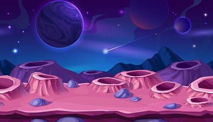 Cartoon planet surface with craters, space background. Vector alien landscape with pink or purple kraters, falling comet in cosmos and planet spheres in Universe. Futuristic computer game cosmic scene © Buch&Bee