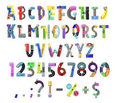 Kids robot alphabet, font or type, vector letters, digits and punctuation marks in child technology style. Cartoon abc uppercase characters made of machine or cyborg parts. Mechanical style signs set