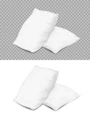 Fototapeta na wymiar Feather white pillows, realistic cushions 3d vector mockup of rectangular or square shape angle view. Soft comfortable accessories with natural filling design isolated on transparent background